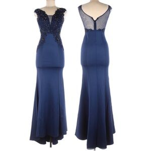 NWT Kalinnu Formal Maxi Dress Mermaid Gown Size XS Navy Blue Beaded Sheer Mesh